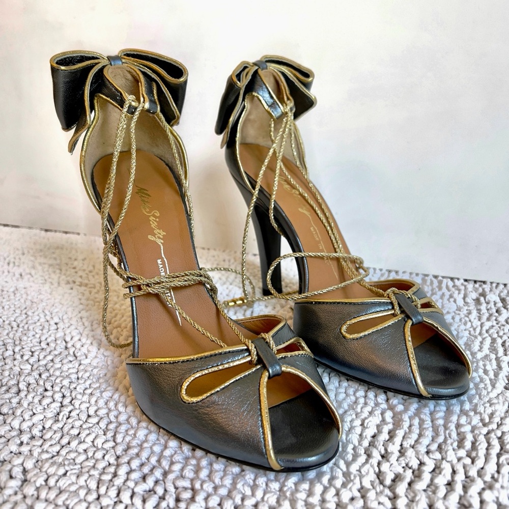 Miss Sixty silver Gray Heels with Ankle Straps and Gold Details - Made In Italy